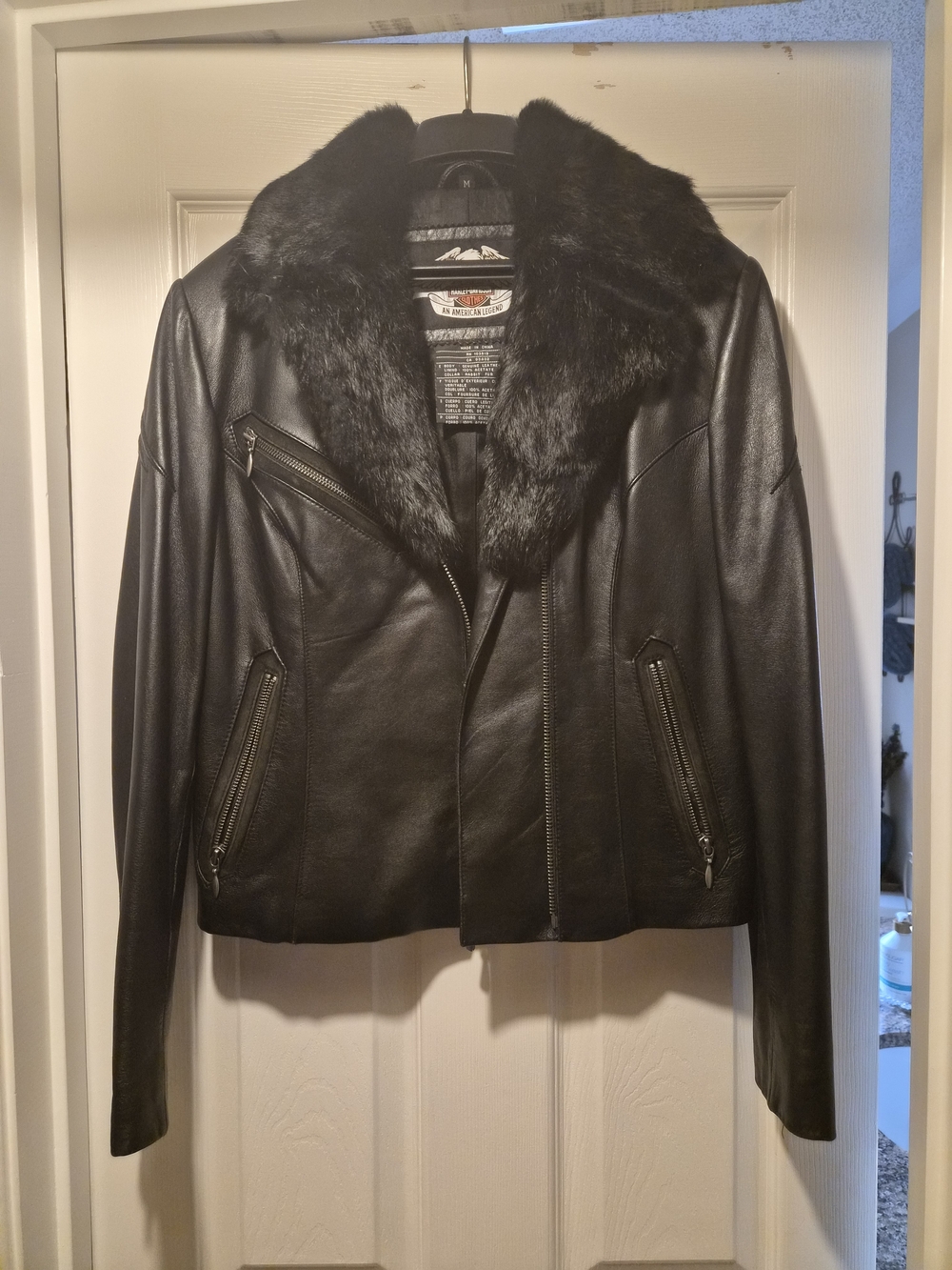 Women's Harley Davidson Black Leather Jacket with Rabbit Fur Collar